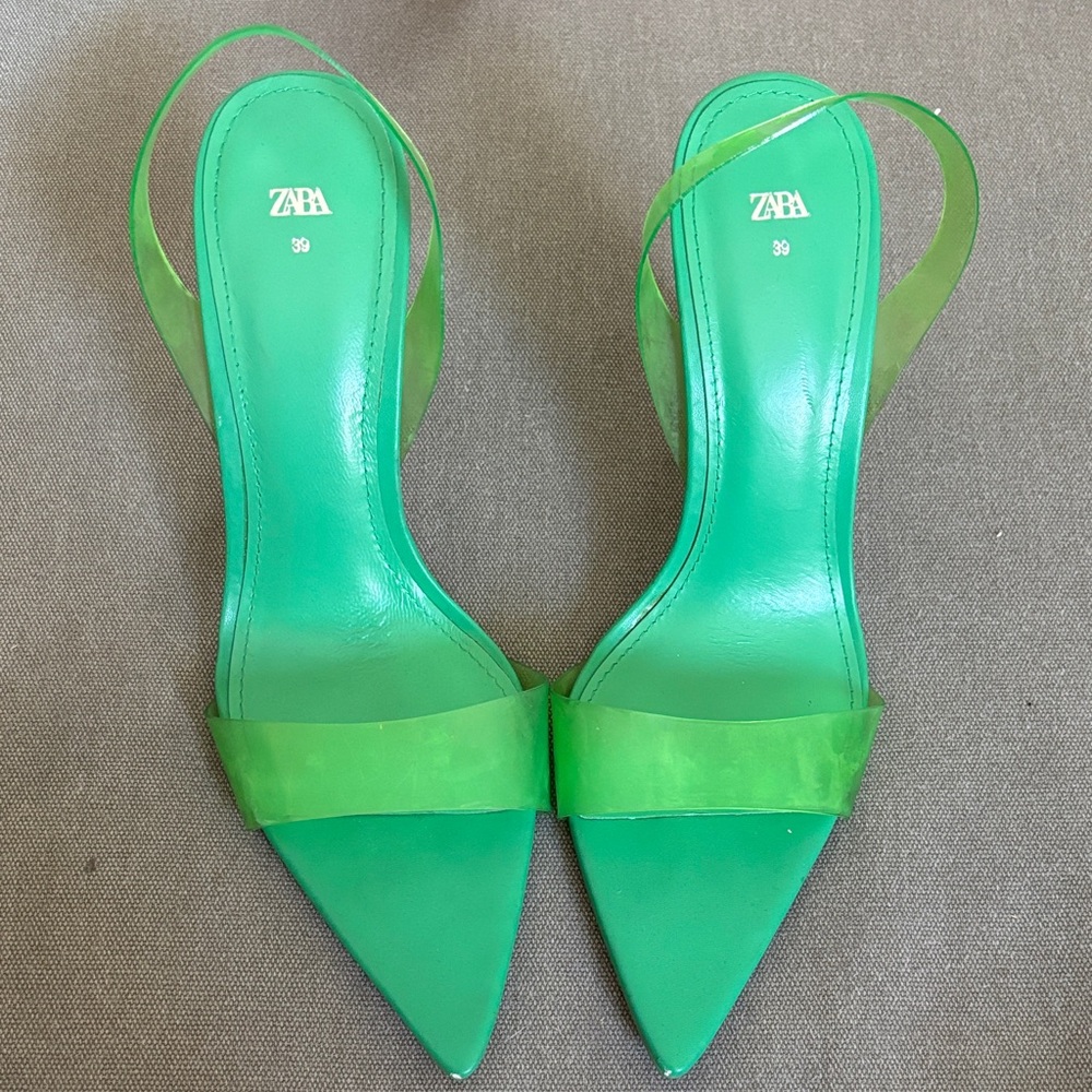 Zara Green Pointed Toe Lucite Strap Heels